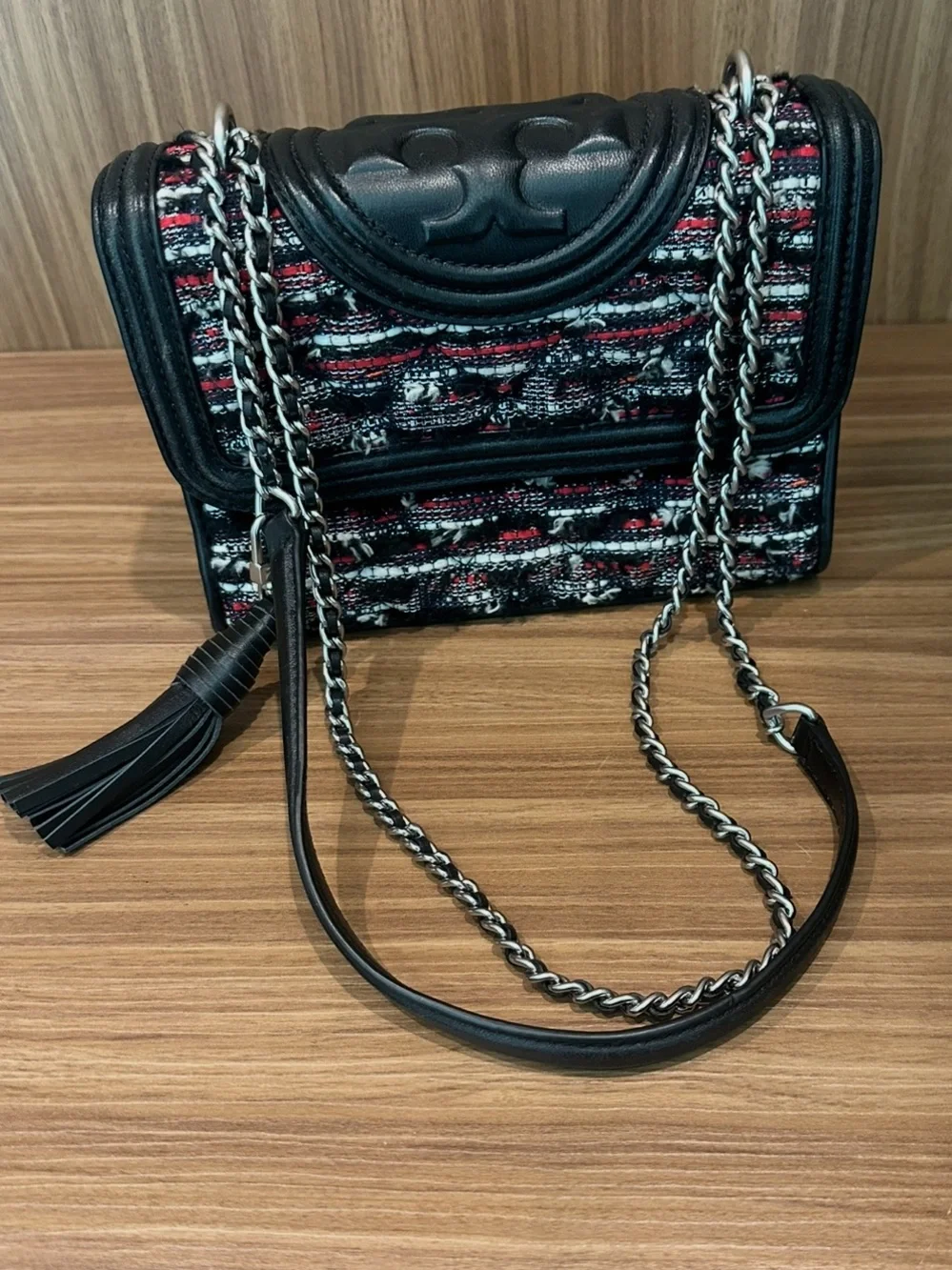 Tory Burch Tweed Chain-Handle Flap Shoulder Crossbody Bag with Tassel Black